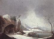 unknow artist A winter landscpae with travellers gathered aroubnd a fire in a grotto,overlooding a lake,a monastery beyond oil painting artist